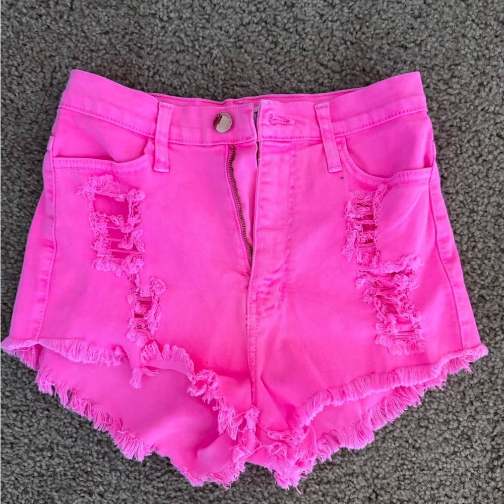 Vibrant Pink Jean Shorts with Distressed Details